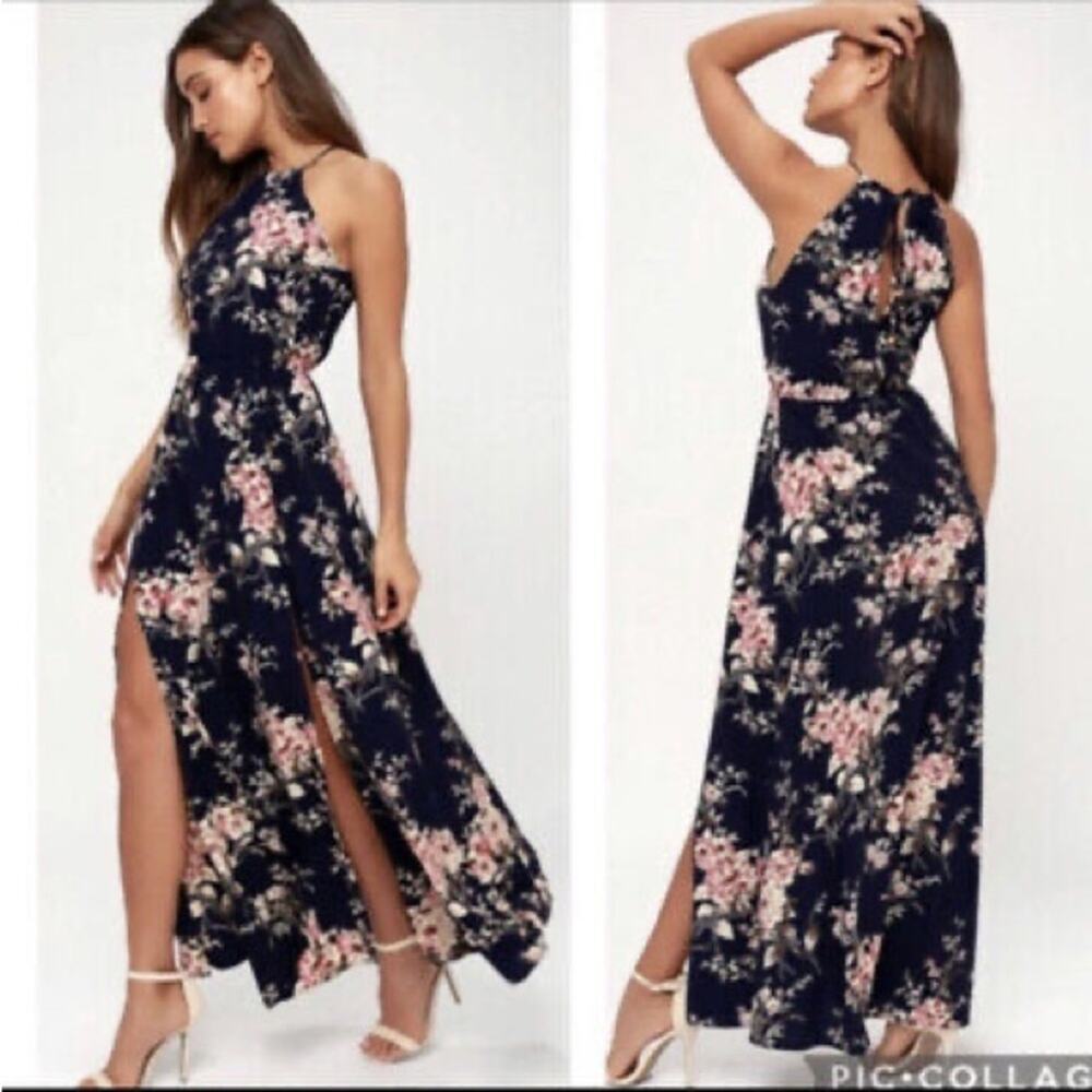 Lulu's navy blue Maxi Sundress Sleeveless Spaghetti Strap high low slit xs